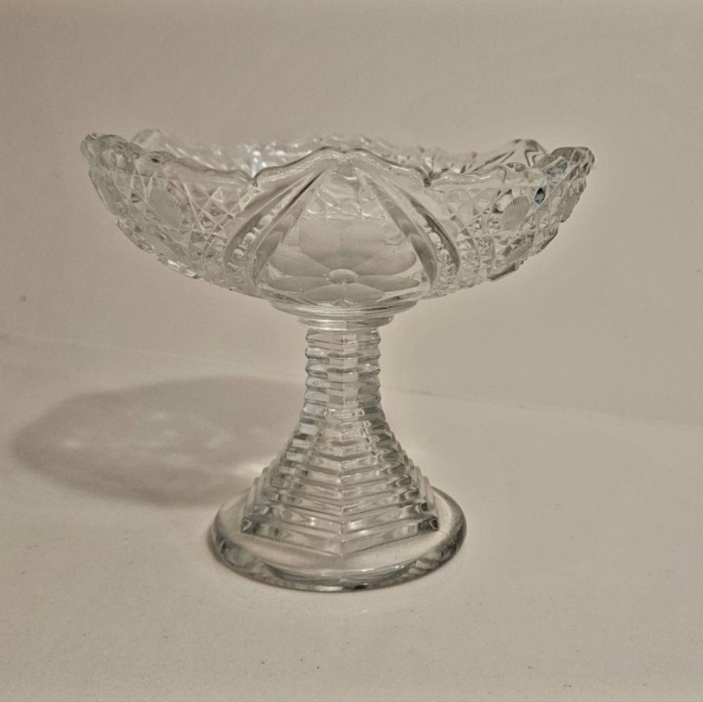 Vintage Pressed/Cut Glass Pedestal Footed Candy Dish Floral
